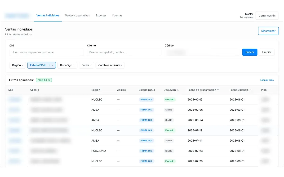 Tracker de pólizas con filtros por estado, región y firma, y listado de casos con datos anonimizados